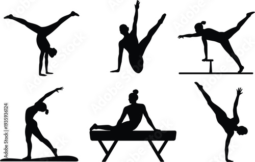 Silhouettes of gymnasts performing exercises on gymnastic apparatuses gymnast silhouette