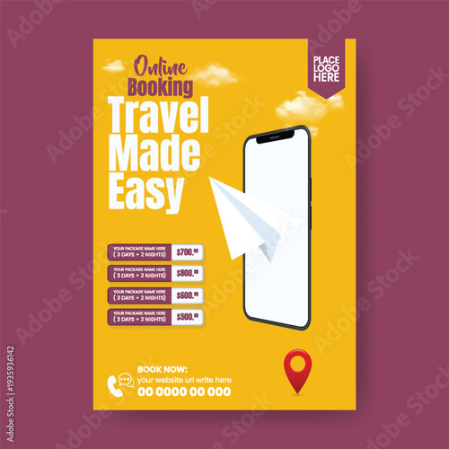 Modern A4 travel tourism marketing template with editable flyer poster design, global travel promotion, luxury resort advertisement, online flight ticket booking service layout.