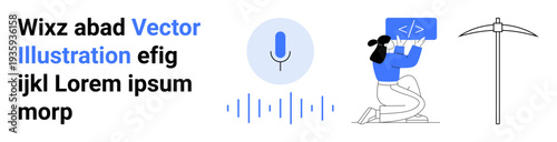 Voice technology, coding education, digital tools, artificial intelligence, audio commands, programming skills. Microphone icon, woman holding coding symbol and pickaxe graphic. Voice technology