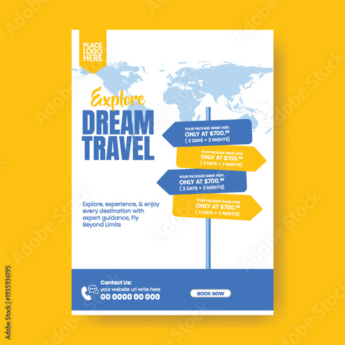 A4 travel agency brochure cover leaflet and flyer poster template for holiday package campaign, study abroad promotion, hotel resort marketing, airline booking layout.