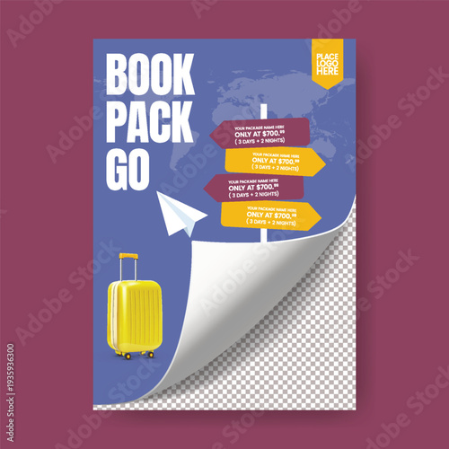 travel agency flyer poster template featuring modern layout for holiday package promotion, study abroad marketing, airline booking service, global travel brochure cover.