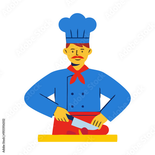 Flat vector illustration depicting chefs cutting food ingredients in the kitchen.