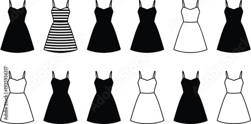 Dresses fashion sequence silhouettes illustration vector clothing pattern graphics, design variation concept, black and white creative art collection
