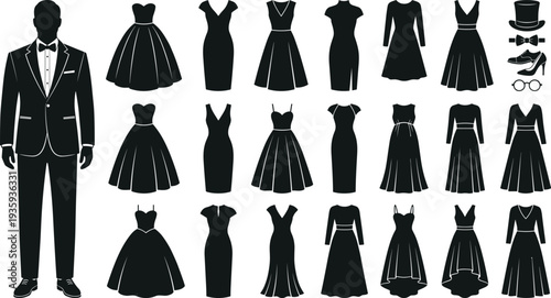 Formal wear fashion silhouettes illustration vector tuxedo dresses accessories graphics, event attire concept, black and white creative art collection