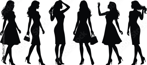 Women fashion silhouettes stylish dresses illustration vector movement posture graphics, elegance design concept, black and white creative art collection