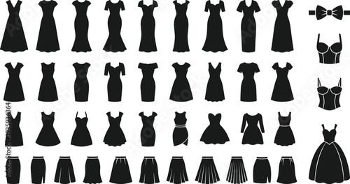 Women’s clothing fashion silhouettes illustration vector dresses skirts tops undergarments graphics, apparel style concept, black and white creative art collection