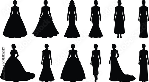 Women’s dresses fashion silhouettes illustration vector clothing styles design graphics, apparel concept, black and white creative art collection