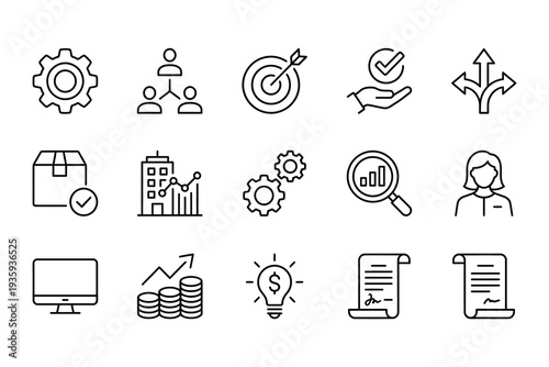 Collection of business and finance line icons including gears, organization, targets, success charts, and documents.