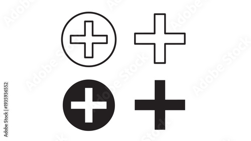 Cross symbols set with outline and solid fill variations in black and white, vector icons featuring plus sign, add icon, healthcare symbol with