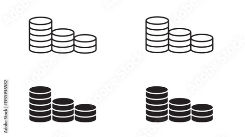 Coins stack icon with decreasing value chart, monochrome graphic representations of financial growth or loss.