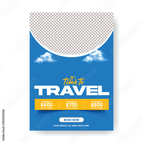 Creative A4 print-ready travel agency poster flyer layout for summer vacation tourism promotion, holiday package marketing, airline booking service, global travel brochure cover template.