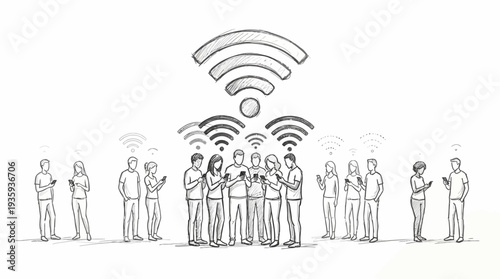 A drawn depiction of people connected through wireless signals sharing information digitally