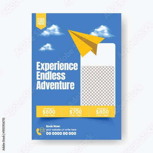 Corporate A4 travel agency leaflet brochure cover and flyer poster template for summer holiday package, adventure tour promotion, visa assistance, airline booking marketing layout.