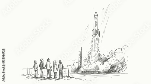 A group of people witnessing a rocket launch into the sky with a trail of smoke