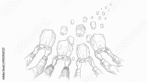 A collective aspiration of light ascending into the sky in a hand-drawn artistic representation