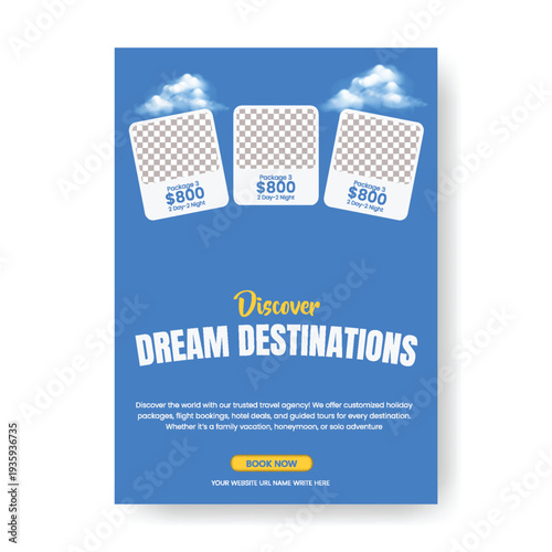 Modern A4 tourism agency flyer poster promotional design for summer vacation package, study abroad program, visa assistance, flight ticket booking, luxury resort marketing template layout.