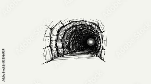 A hand-drawn sketch of a stone tunnel with light at the end