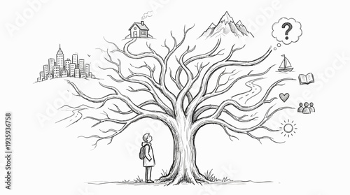 A person contemplates their life's journey represented by a branching tree of possibilities and