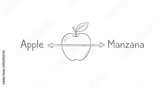 A simple sketched apple with arrows pointing to 'Apple' and 'Manzana' representing bilingualism