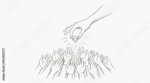 A single hand offers a precious gem to a multitude of reaching hands a symbol of desire and