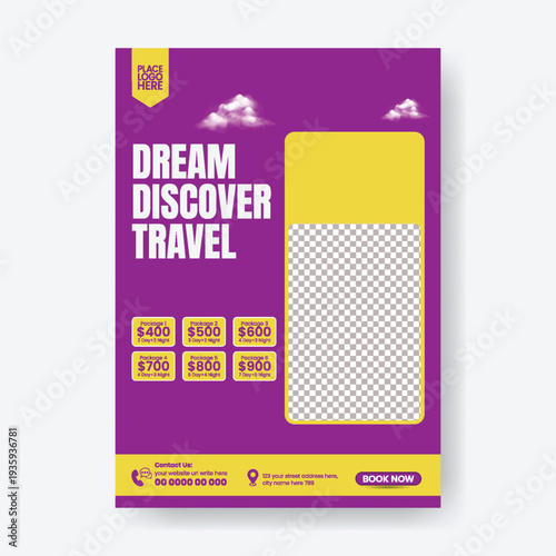Print-ready A4 travel booking flyer poster template with creative brochure cover layout, global travel promotion, airline booking service, hotel resort advertisement, online reservation marketing desi