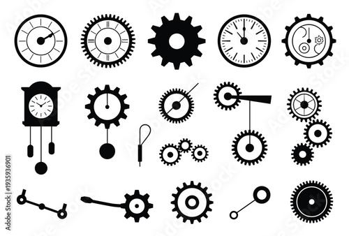Collection of black and white clocks and gears with different clock face