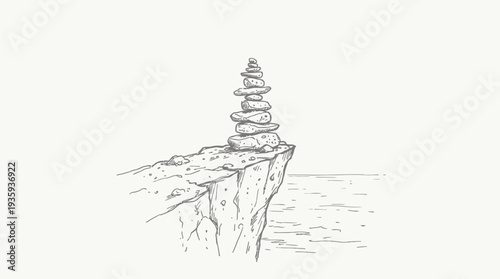 Balanced stone tower precariously perched on the edge of a rocky cliff overlooking the sea
