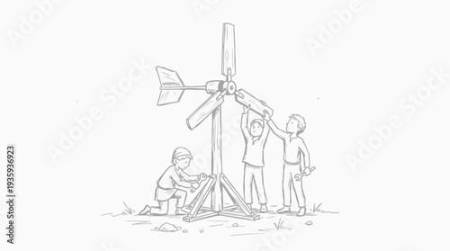 Children collaborate to build a renewable energy wind turbine in a rural setting