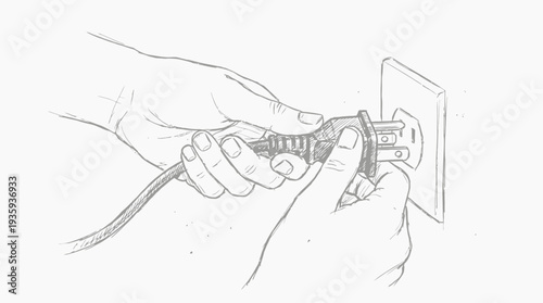 Close-up sketch of hands connecting an electrical plug to a wall socket for power