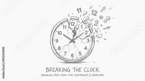 Conceptual illustration of a clock shattering into pieces symbolizing freedom from time