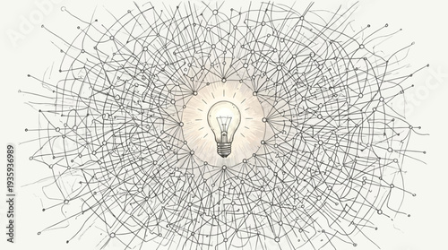 Conceptual illustration of a glowing light bulb at the center of a complex network diagram