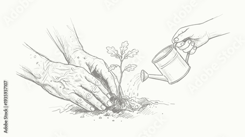 Generations nurture a sapling demonstrating continuity and the cycle of life and growth