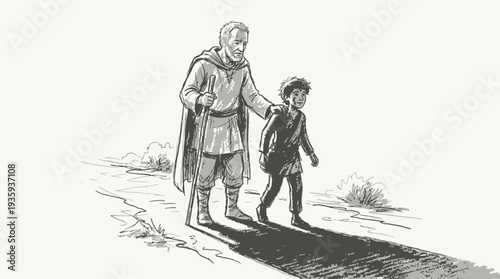 Generational guidance and mentorship illustrated by a seasoned traveler and a young explorer on a