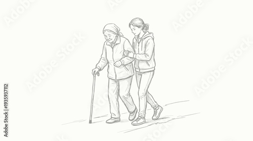 Gentle assistance and support provided by a young individual to an elder navigating their daily