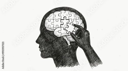 Hand assembling a jigsaw puzzle of the human brain illustrating cognitive processes and intellect