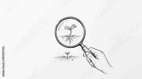 Hand holding magnifying glass examining a tiny seedling in a minimalist black and white sketch
