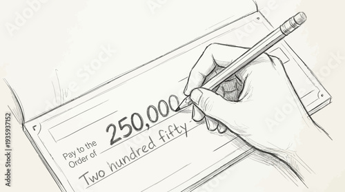 Hand writing a large sum of money on a check with a pencil a financial transaction concept