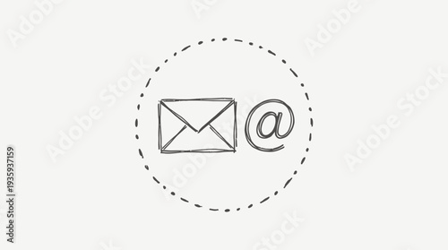 Hand-Drawn Email and At Symbol Icon within a Dashed Circle Outline