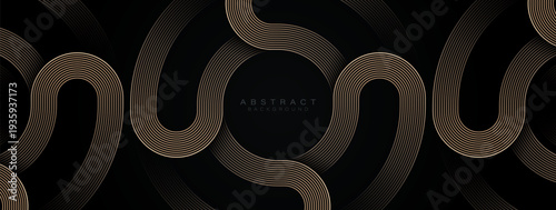 Abstract gold geometric lines on black background. Geometric stripe line art design. Modern luxury circle lines pattern. Suit for banner, presentation, cover, poster, brochure, website, business