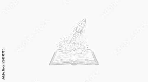 Illustrative concept of imagination and discovery bursting forth from an open book a rocket launch