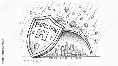 Illustrative depiction of a shield protecting a city from a virus-laden downpour showcasing