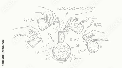 Illustrative depiction of multiple hands conducting chemical experiments with flasks and formulas