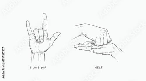 Illustrative Representation of American Sign Language Gestures for 'I Love You' and 'Help'