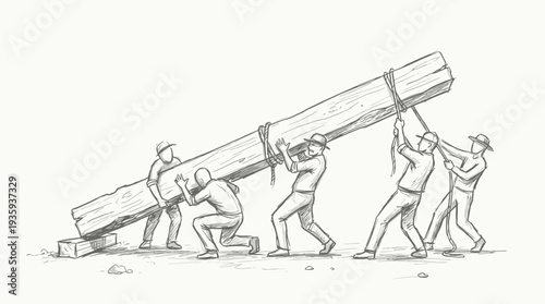 Illustrative representation of a collaborative team effort lifting a massive wooden beam together
