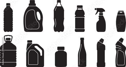 Silhouettes of various plastic bottles and containers also transparent background jugs spray bottles
