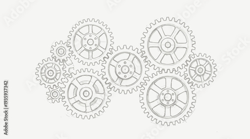 Interlocking mechanical gears depicted in a hand-drawn sketch style on a light background