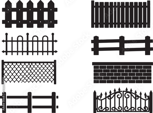 Silhouettes of various fence styles including picket wooden wire brick and wrought iron also transparent background