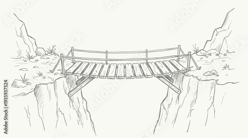 Sketch of a precarious wooden suspension bridge spanning a deep chasm between rocky cliffs