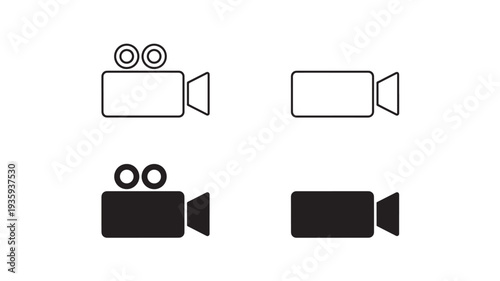 Cameras vintage icon set with outline and filled styles for multimedia recording and filmmaking. featuring video camera, film camera, retro camera