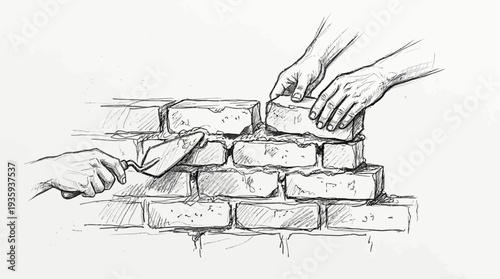Sketch illustration of hands carefully building a brick wall with trowel and mortar